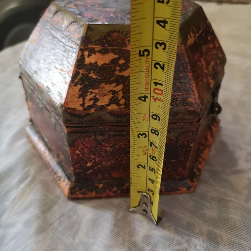 Beautiful Vintage Handmade Trinket Box Brass Design and Tacks Red