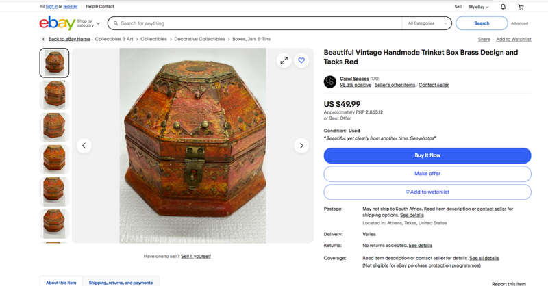 Beautiful Vintage Handmade Trinket Box Brass Design and Tacks Red
