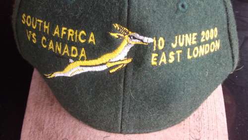 RUGBY CAP : SOUTH AFRICA vs CANADA 10 JUNE 2000 EAST LONDON SIGNED BY PIET STRYDOM AND MARK BOUCHER