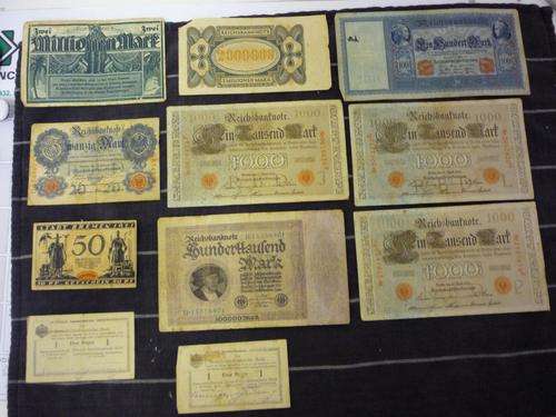 11 WW1 German Banknotes- 1910 to 1921  ( BID NOW - 1st BID CLOSES BIDDING AND WINS )