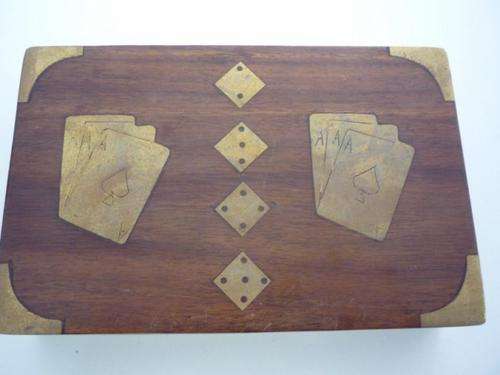 WOODEN CARD AND POKER DICE BOX - BRASS INLAY