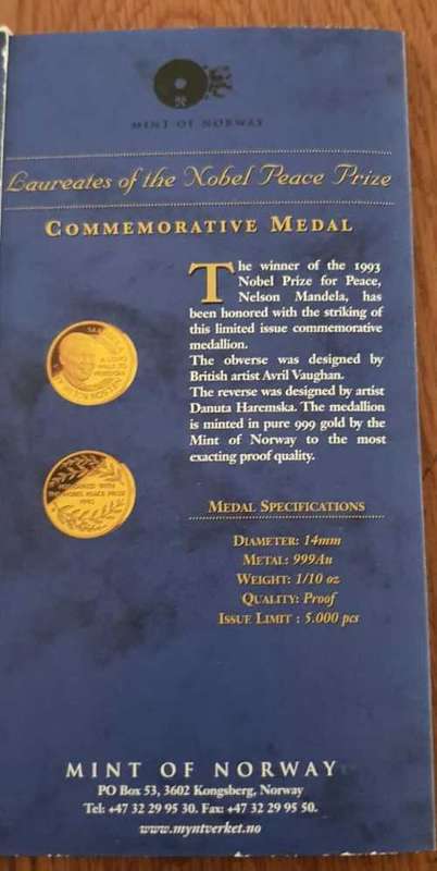 Nelson Mandela NOBEL PEACE LAUREATE 1993 COMMEMORATIVE MEDAL on Auction Now!!!
