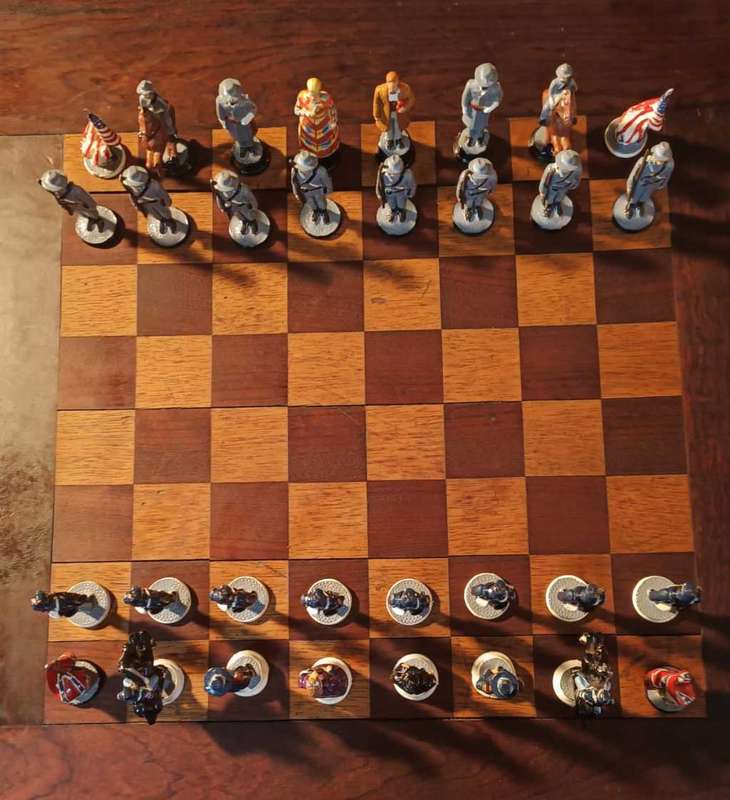 Stunning American Civil War hand painter pewter chess set