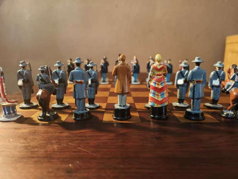Stunning American Civil War hand painter pewter chess set