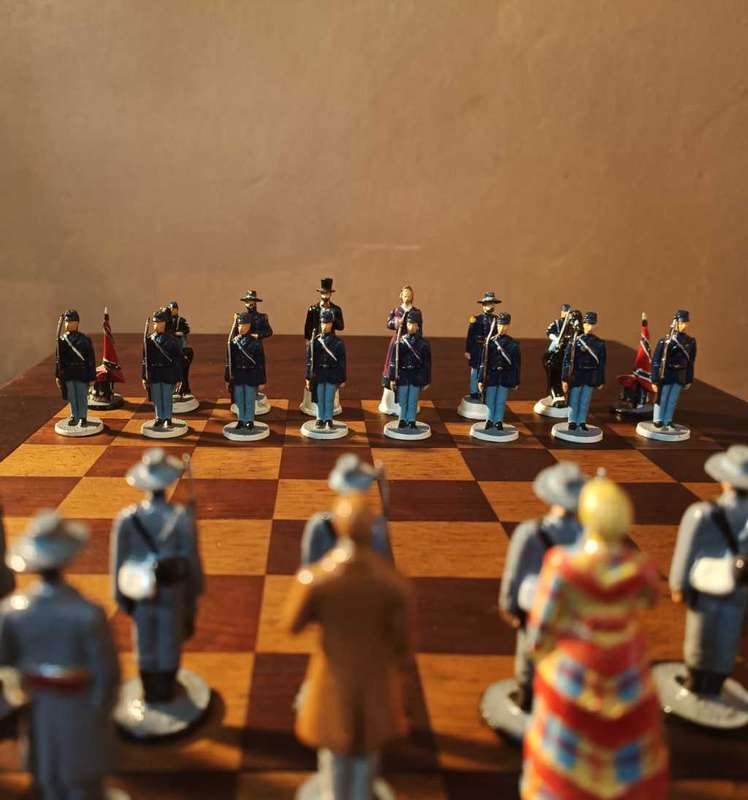Stunning American Civil War hand painter pewter chess set