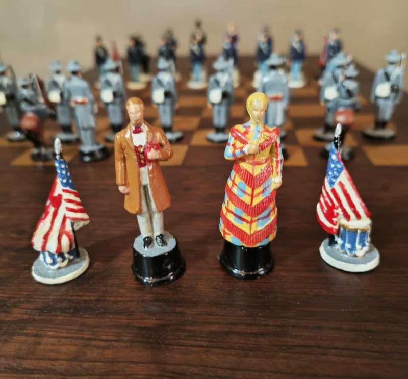 Stunning American Civil War hand painter pewter chess set