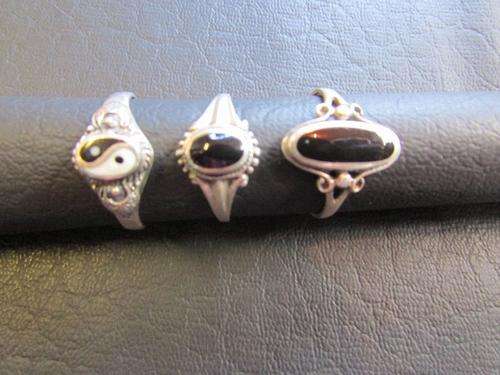 Three Dainty Sterling Silver & Onyx Rings as one lot