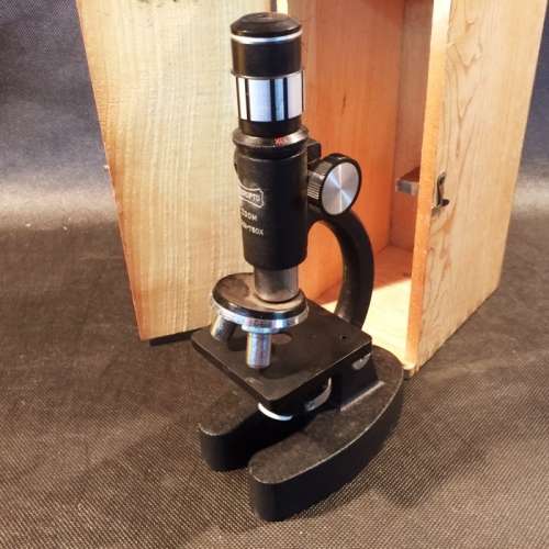 Small Vintage Cast Microscope in Original Wood Box