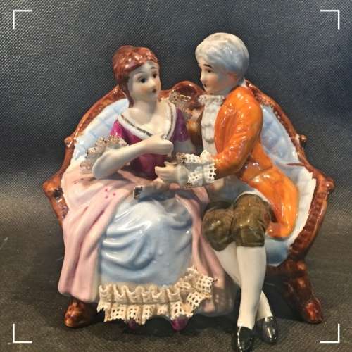 Vintage Dresden Style Porcelain Figures on Bench (130mm x 120mm)