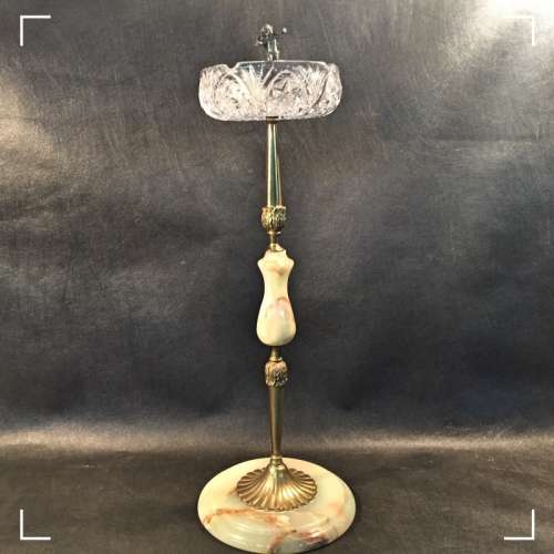 Large Brass, Marble and Cut Glass Floor Standing Ashtray (600mm Tall)