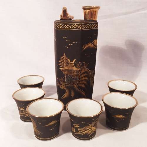 Rare Hand Painted Japanese Sake Set with Lithophane Geisha Mark