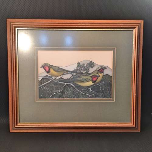 Framed Original Bird Study on Silk (Signed on Twig, 500mm x 600mm)