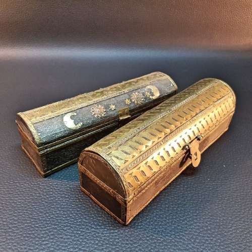 Vintage Middle Eastern Brass on Wood Trinket Boxes (Bid for Both)