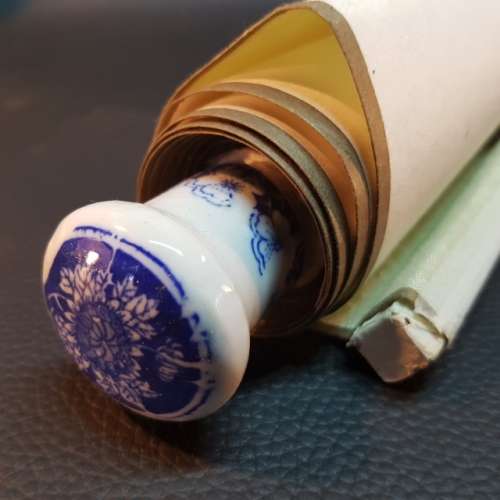 RARE!!! Hand Painted Japanese Scroll with Blue and White Porcelain Ends- Geisha (1800 x 450)