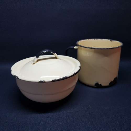 Old Vintage Large Enamel Mug and Bowl and Lid
