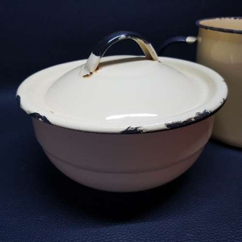 Old Vintage Large Enamel Mug and Bowl and Lid