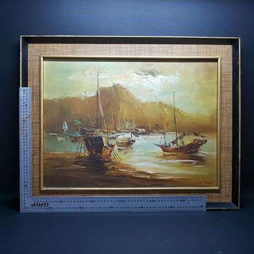 Framed Oriental Detailed Seascape Oil on Board by Yat Siu