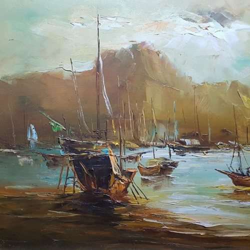 Framed Oriental Detailed Seascape Oil on Board by Yat Siu