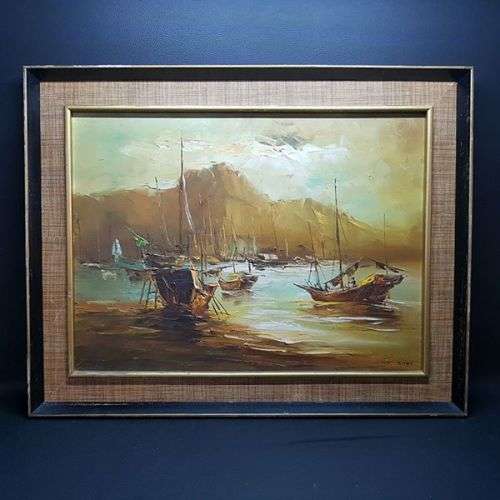 Framed Oriental Detailed Seascape Oil on Board by Yat Siu
