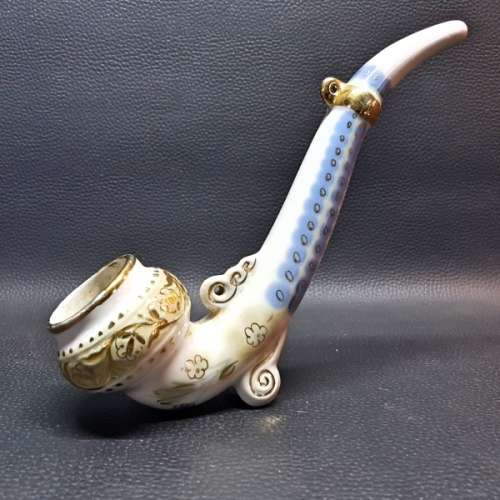 Large Vintage Standing Oriental Glazed Porcelain Smoking Pipe