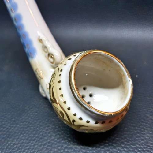 Large Vintage Standing Oriental Glazed Porcelain Smoking Pipe