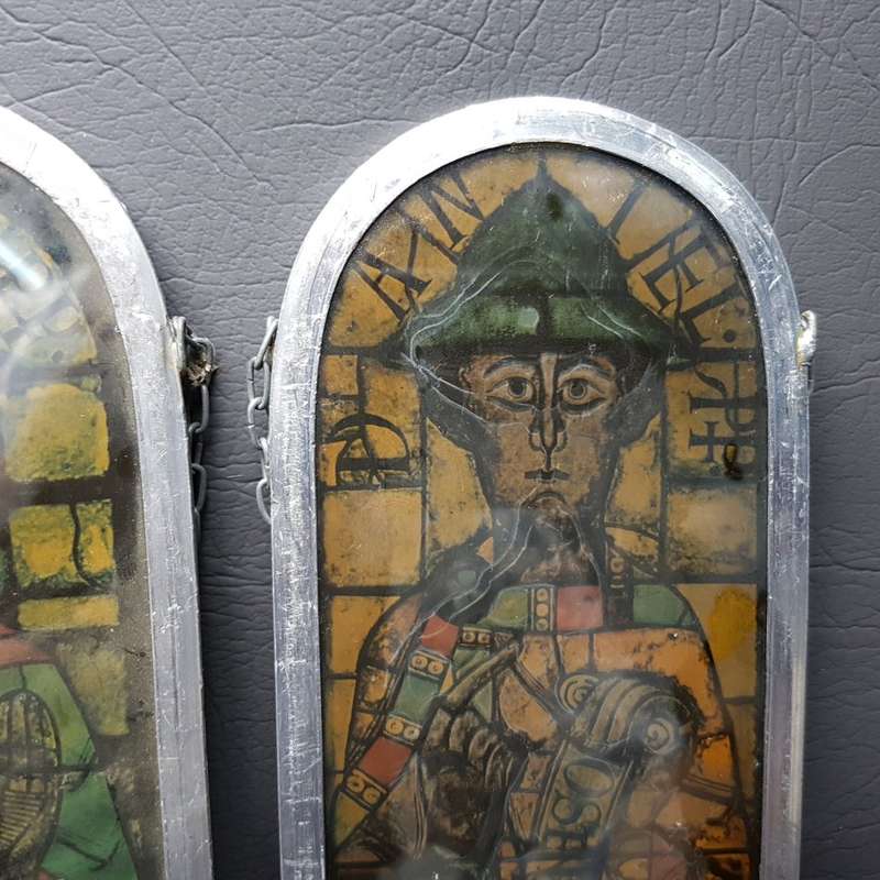Collection of Religious Icons Between Glass Framed in Pewter (Bid for all, damage on 2)