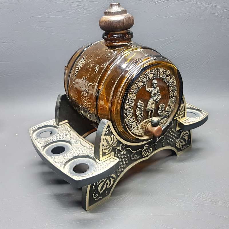 Vintage Glass Wine Barrel Liqueur Decanter on Hard Plastic Stand!!!