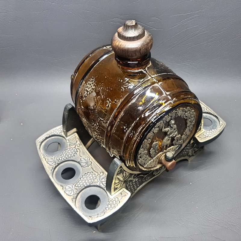 Vintage Glass Wine Barrel Liqueur Decanter on Hard Plastic Stand!!!