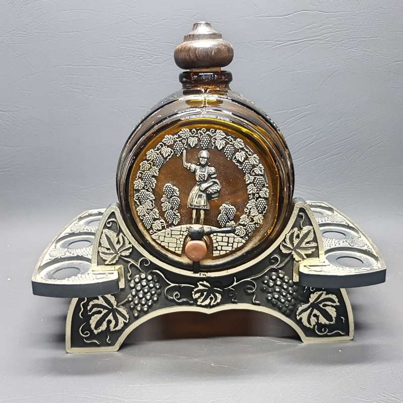 Vintage Glass Wine Barrel Liqueur Decanter on Hard Plastic Stand!!!