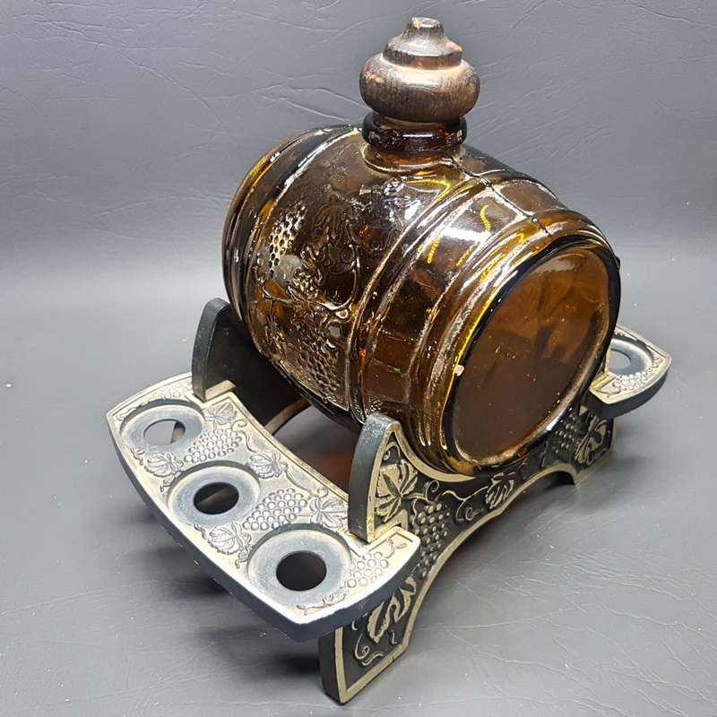 Vintage Glass Wine Barrel Liqueur Decanter on Hard Plastic Stand!!!