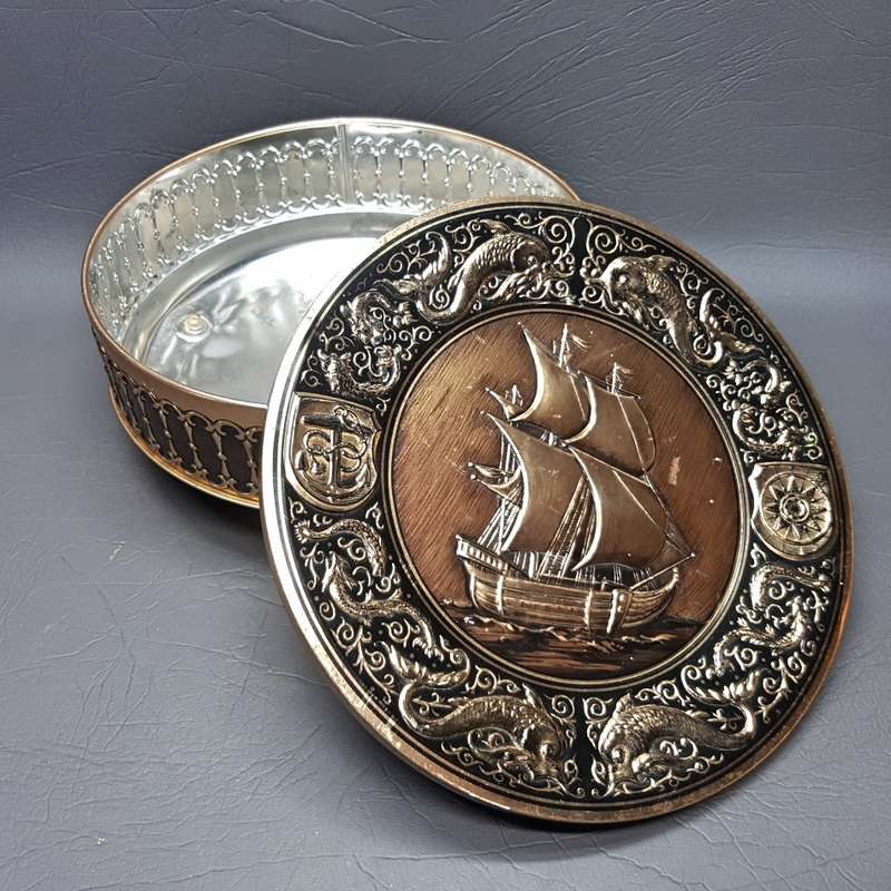 Highly Decorative Vintage Embossed Nautical Themed Footed Biscuit Tin!!!!