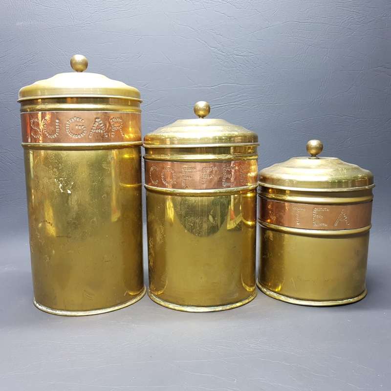 Three Vintage Brass and Copper Tea Coffee and Sugar Storage Canisters!!!