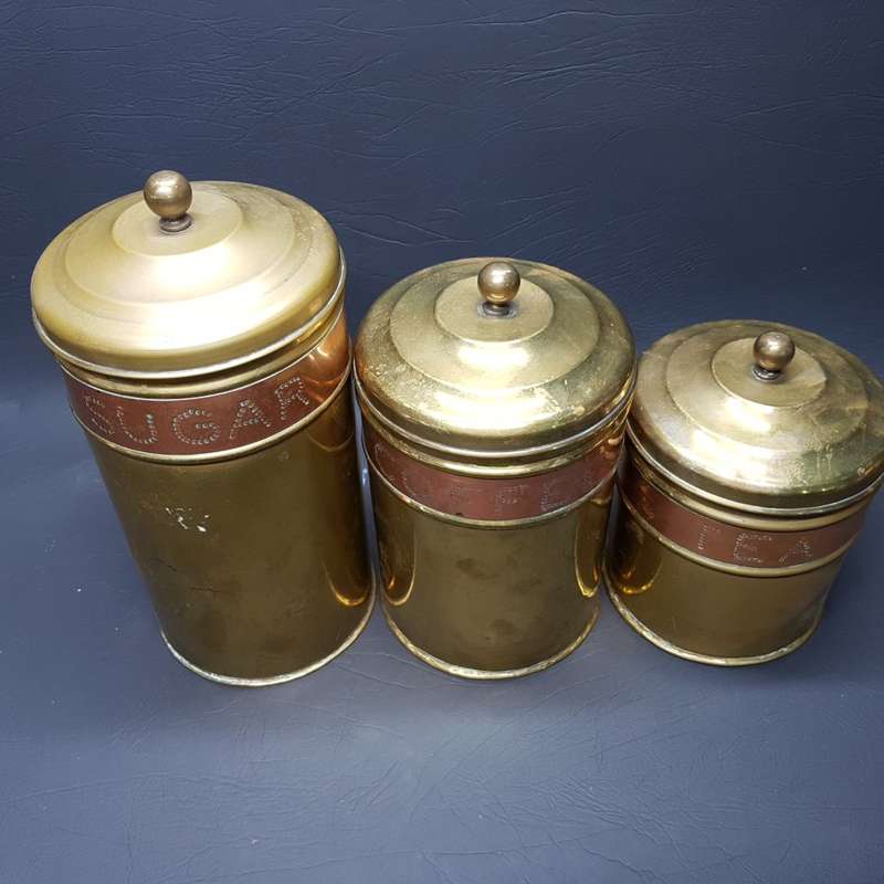 Three Vintage Brass and Copper Tea Coffee and Sugar Storage Canisters!!!