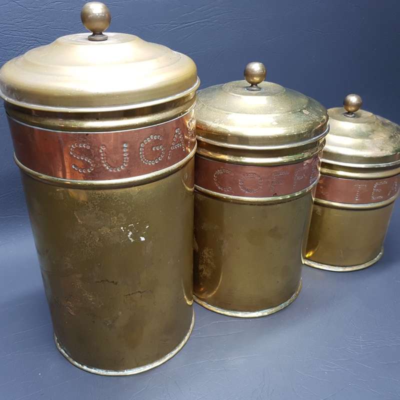 Three Vintage Brass and Copper Tea Coffee and Sugar Storage Canisters!!!