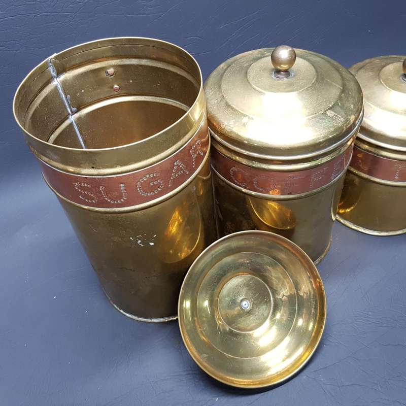 Three Vintage Brass and Copper Tea Coffee and Sugar Storage Canisters!!!