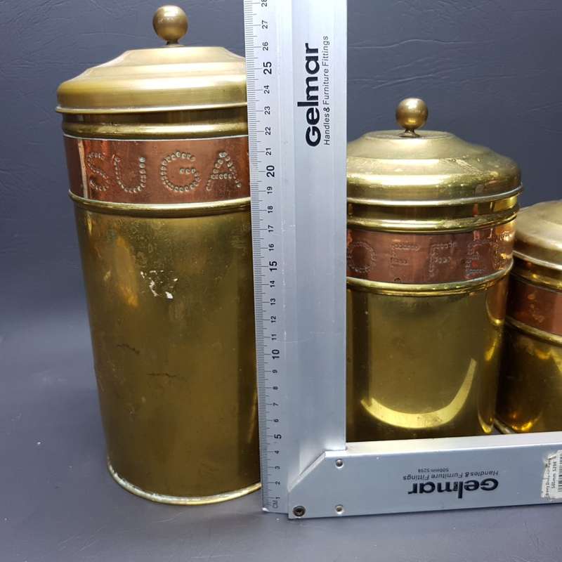 Three Vintage Brass and Copper Tea Coffee and Sugar Storage Canisters!!!
