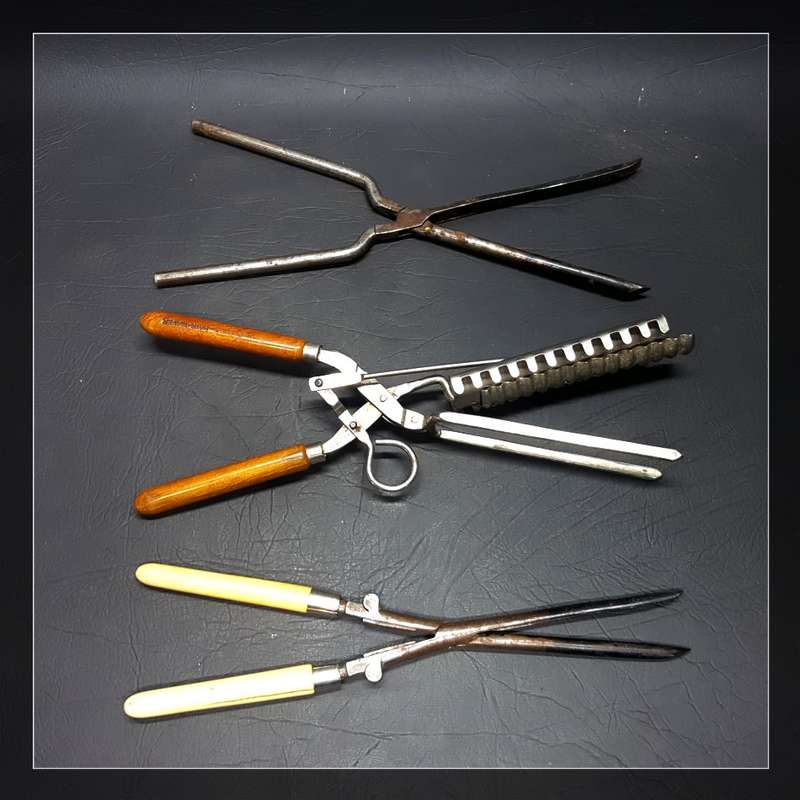 RARE!!! Three Antique Metal, Wood and Bone Hair Curling Tongs!!!