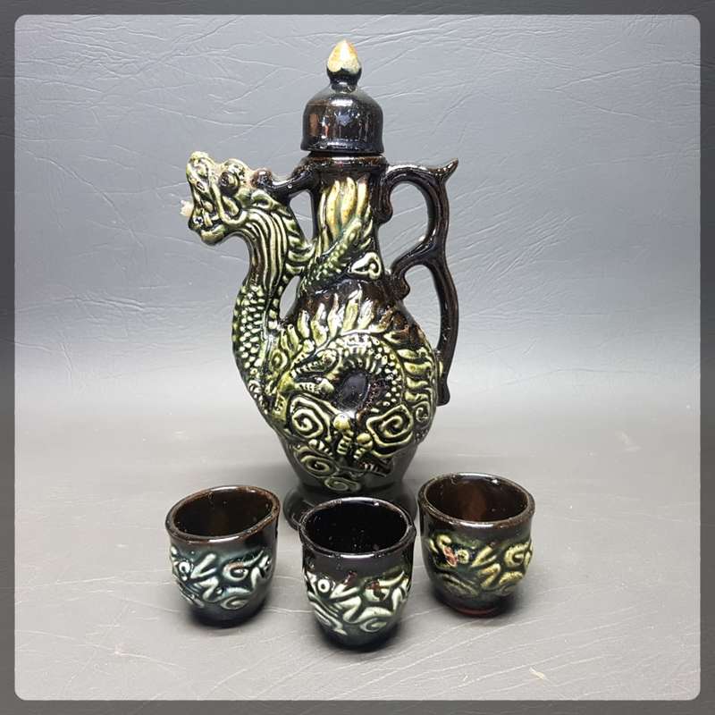 RARE!!! Glazed Stoneware Japanese Dragon Themed Saki Set!!!