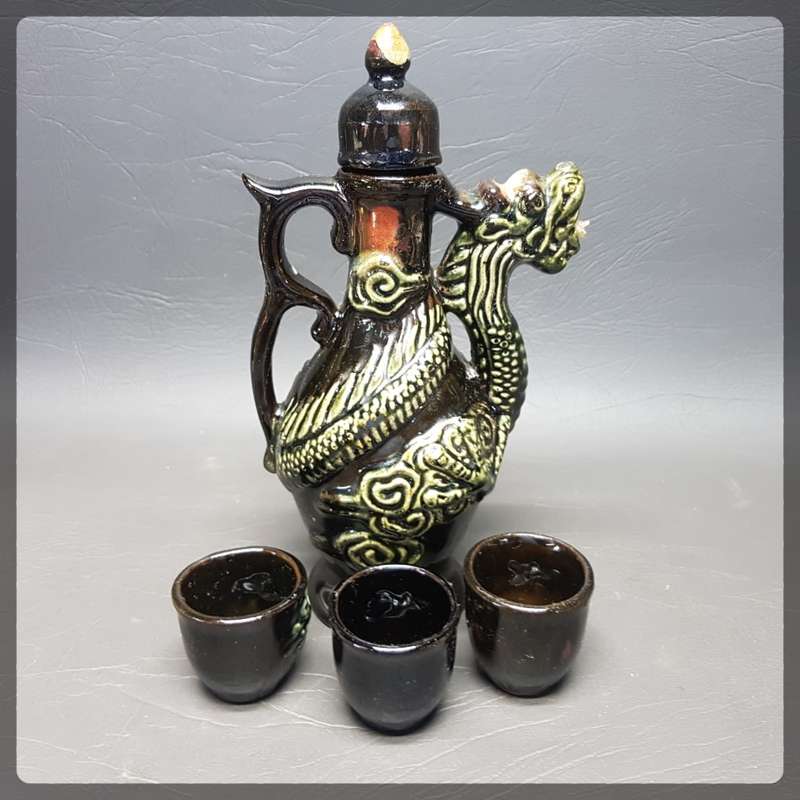 RARE!!! Glazed Stoneware Japanese Dragon Themed Saki Set!!!