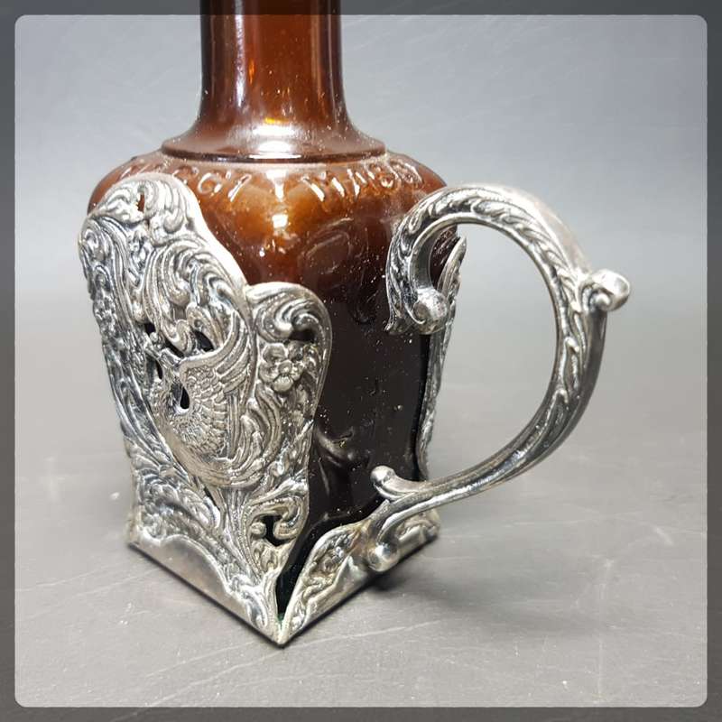 RARE!!! Vintage Highly Decorative Silver Plate Bottle Holder With Original Auburn Bottle!!!