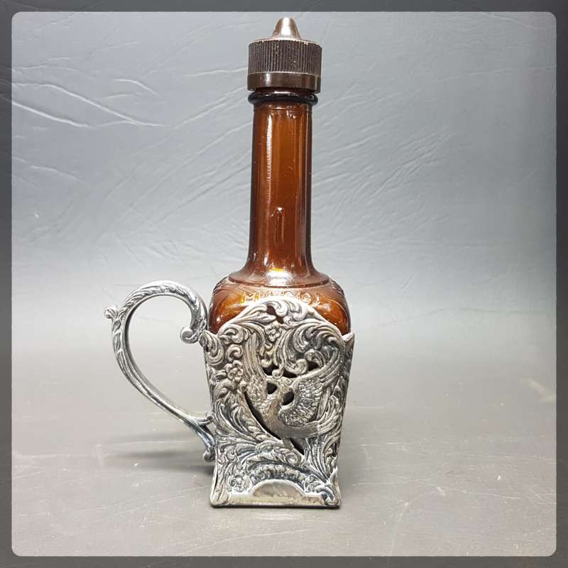 RARE!!! Vintage Highly Decorative Silver Plate Bottle Holder With Original Auburn Bottle!!!
