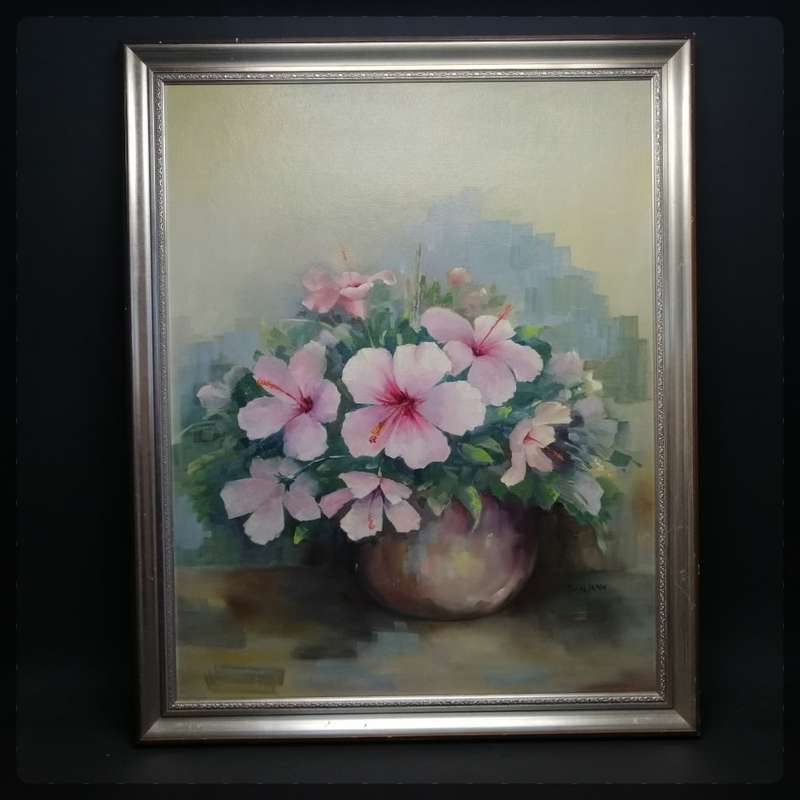 Large Original Framed Oil On Board Still Life Flowers by D.V Veijeren (800mm x 650mm)