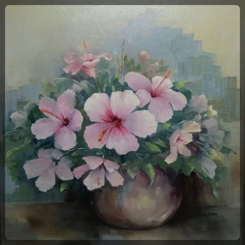 Large Original Framed Oil On Board Still Life Flowers by D.V Veijeren (800mm x 650mm)