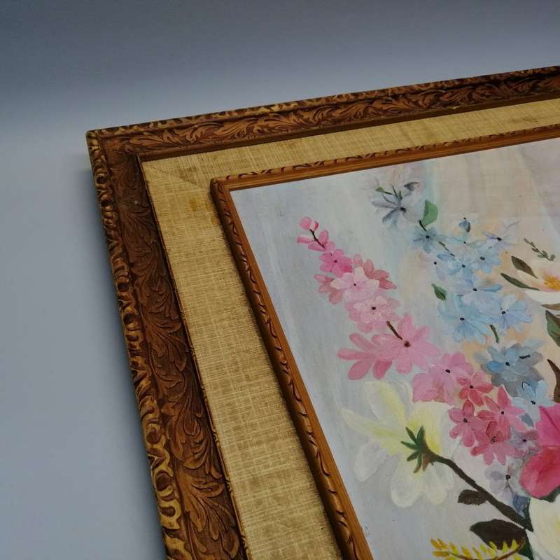 Large Ornately Hand-carved Framed D. De Villiers Botanical Still Life Oil on Board 1975