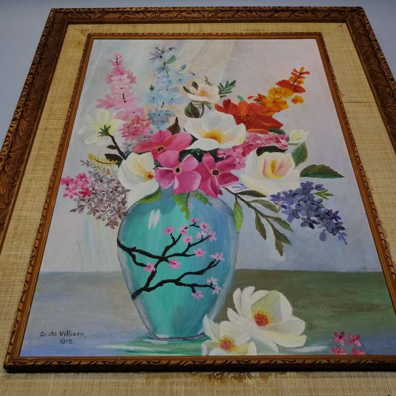 Large Ornately Hand-carved Framed D. De Villiers Botanical Still Life Oil on Board 1975
