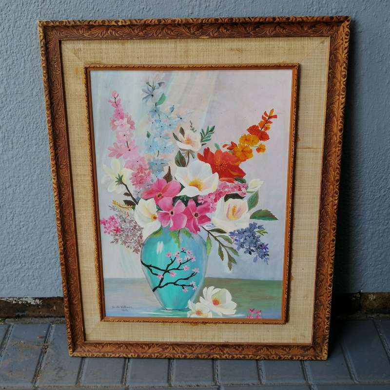 Large Ornately Hand-carved Framed D. De Villiers Botanical Still Life Oil on Board 1975