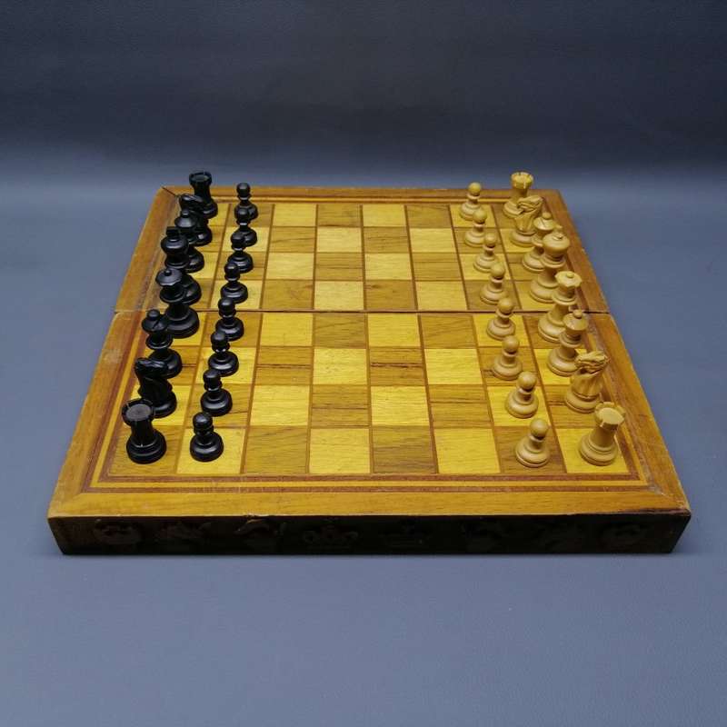 Original Vintage Hand Crafted Wood Inlay Foldable Chess Set!!!