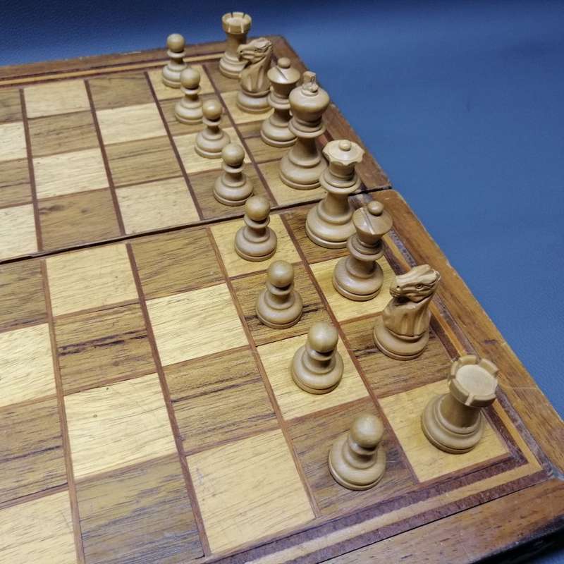 Original Vintage Hand Crafted Wood Inlay Foldable Chess Set!!!