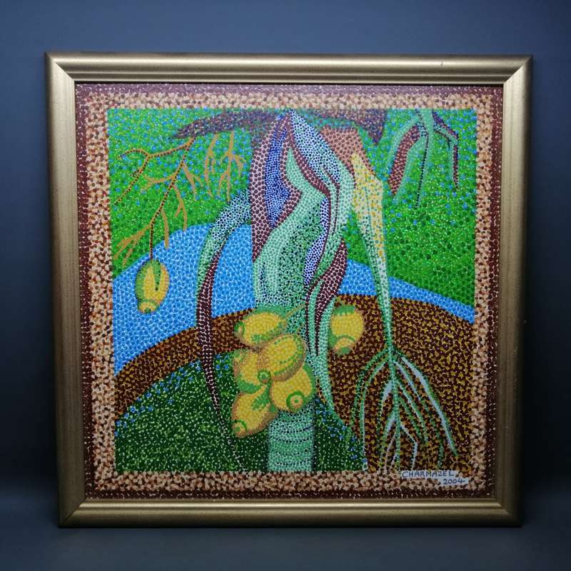 Large Framed Charmazel Acrylic On Board Pointillism Still Life - 750mm x 750mm