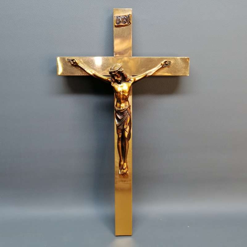 Large Vintage Copper Plate On Wood Crucifix!!!